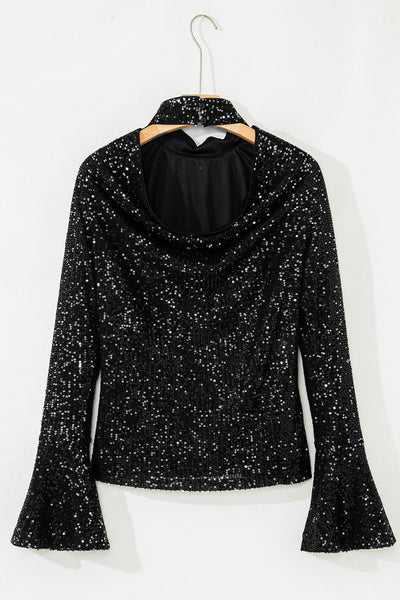 Chic Women's Black Sequin Mock Neck Top with Draped Open Back & Bell Sleeves Perfect for Elegant Evenings Out