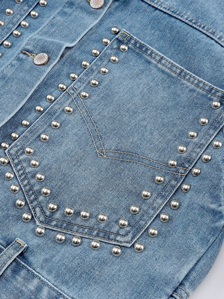 Women's Sky Blue Rhinestone Embellished Denim Shacket