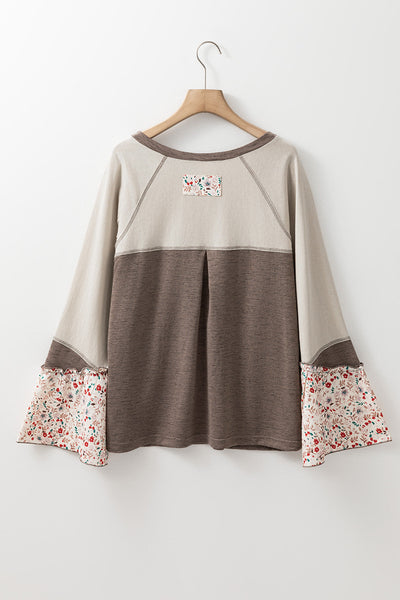 Women's Stylish Floral Patchwork Henley Top in Goat Colorblock with Flared Sleeves Chic & Comfortable Casual Blouse