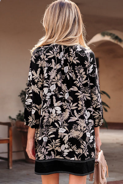 Women's Botanical Print Split Neck Mini Dress with 3/4 Sleeves