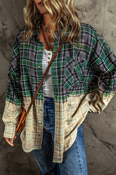 Green Plaid Patchwork Button Up Shacket with Chest Pocket