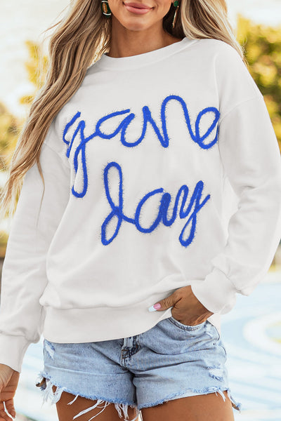 Women's White Graphic Sweatshirt with Drop Shoulders for Stylish Game Day Comfort and Effortless Casual Wear