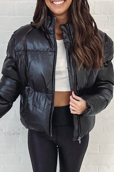 Chic Women's Black Faux Leather Jacket with Snap Buttons, Collared Design, and Trendy Patched Pockets