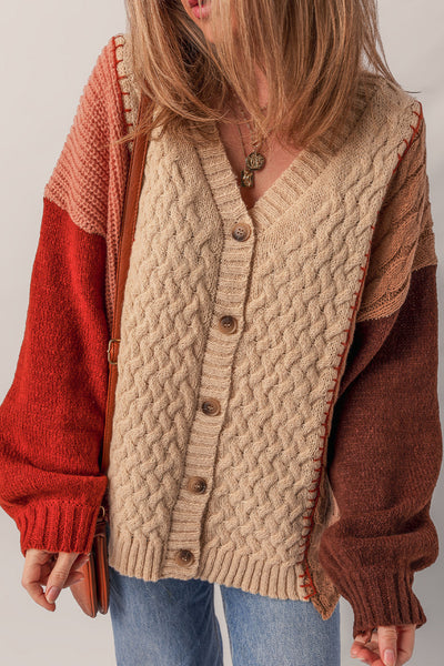 Cozy Women's Light Beige Color Block V-Neck Cardigan Sweater with Textured Fabric and Button Accents for Chic Comfort