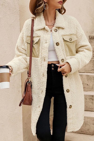 Cozy Women's Beige Teddy Coat with Contrast Flap Pockets, Stylish Single Breasted Outerwear for Cold Weather