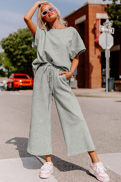 Women's Gray Textured Lounge Set Relaxed Fit T-Shirt & Drawstring Pants for Ultimate Comfort and Chic Style