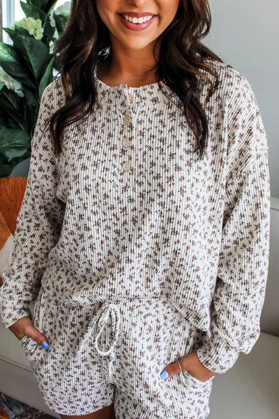 Women's Floral Ribbed Henley Top and Drawstring Shorts Set