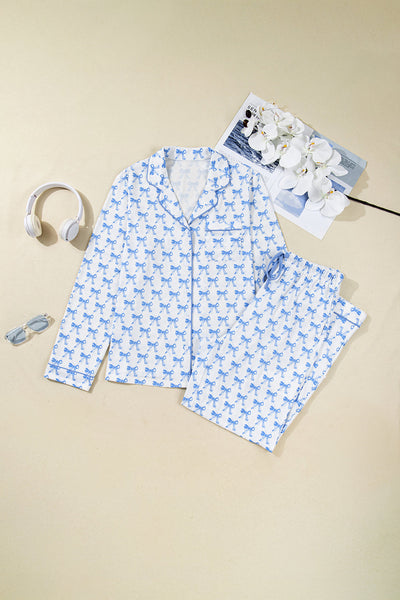 Soft Sky Blue Bow Print Long Sleeve Pajama Set for Women - Cozy Sleepwear Top and Bottom for Ultimate Comfort