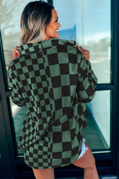 Trendy Oversized Green Checkerboard Shacket for Women with Flap Pockets and Button Front - Perfect for Casual Outings