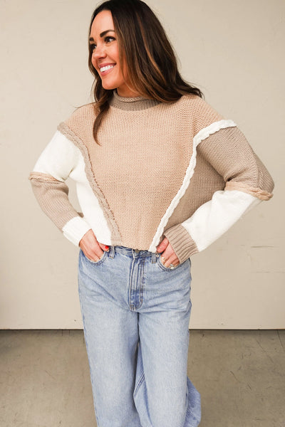 Women's Cozy Khaki Color Block Knit Sweater with Braided Trim Stylish Casual Patchwork Design for Everyday Wear