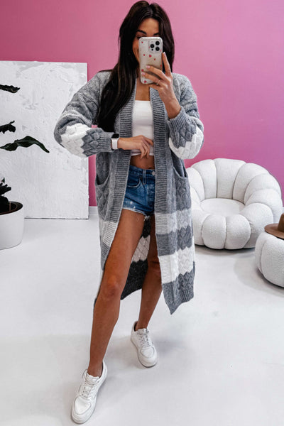 Cozy Women's Gray Color Block Long Cardigan with Side Pockets - Stylish Open Front for Effortless Casual Wear