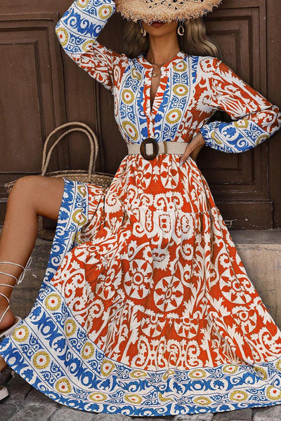 Women's Flowy Orange Boho Maxi Dress with Geometric Print and Long Sleeves for Effortless Style and Comfort