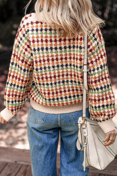 Cozy Multicolor Polka Dot Cardigan Sweater for Women - V-Neck, Button Front, Perfect for Stylish Layering
