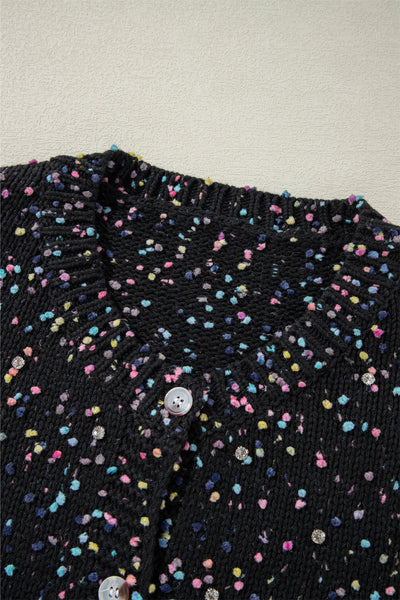 Chic Women's Black Rhinestone Confetti Sweater Cardigan - Cozy Fit for Everyday Style and Glamour