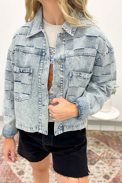Chic Women's Casual Beau Blue Jacket with Checkered Patchwork for Effortless Everyday Style and Comfort
