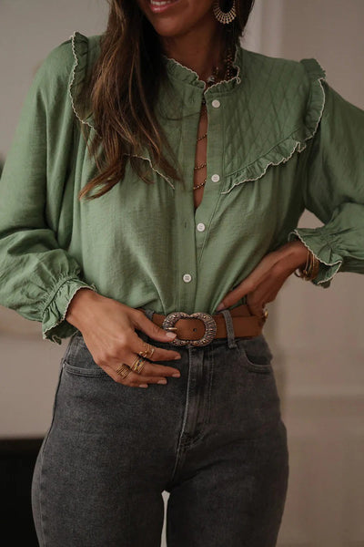 Chic Women's Green Bay Ruffle Trim Long Sleeve Loose Fit Shirt - Stylish Casual Top for Effortless Everyday Elegance