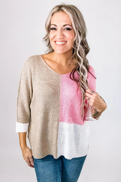 Cozy Women's Pink Color Block V-Neck Knit Sweater - Loose Fit for Casual Outings and Stylish Layering