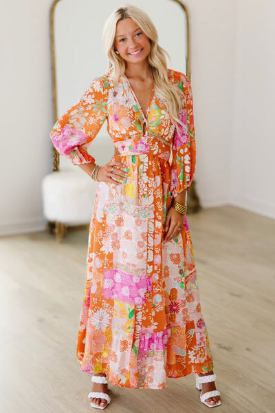 Boho Chic Women's Orange Floral Maxi Dress with Cut-Outs, Tied Back, and Bracelet Sleeves for Summer Elegance