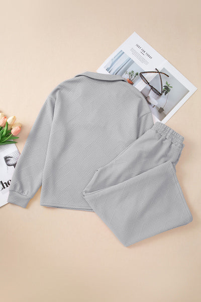 Stylish Women's Light Grey V-Neck Top with Collared Detail & Comfy Wide Leg Pants Set for Effortless Everyday Wear