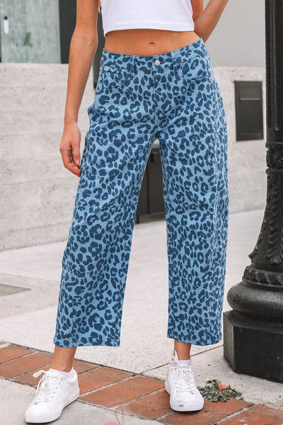 Women's High-Waist Leopard Print Straight Leg Jeans in Sky Blue