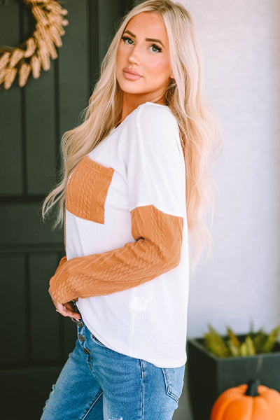 Women's Casual Orange Colorblock Knit Top with Long Sleeves and Chest Pocket - Trendy Textured Design for Everyday Style