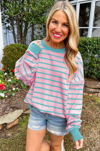 Cozy Women's Pink Striped Loose Sweater with Drop Shoulders & Round Neck - Effortless Casual Knit Top for Relaxed Style