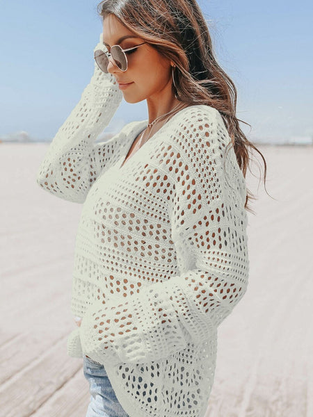 Women's White Crochet V Neck Pullover Sweater with Hollow Out Detail