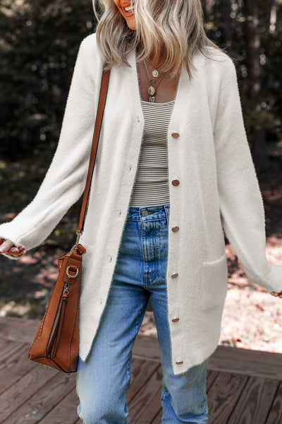 Chic Women's White Fuzzy Midi Cardigan - Cozy Button-Up Layer for Soft, Stylish Fall Fashion