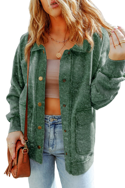 Trendy Women's Green Vintage Washed Shacket with Flap Pockets for Casual Layering and Effortless Style