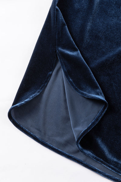 Chic Navy Blue Velvet Women's Top with Frilled Neck and Button Detail - Ideal for Casual and Dressy Events