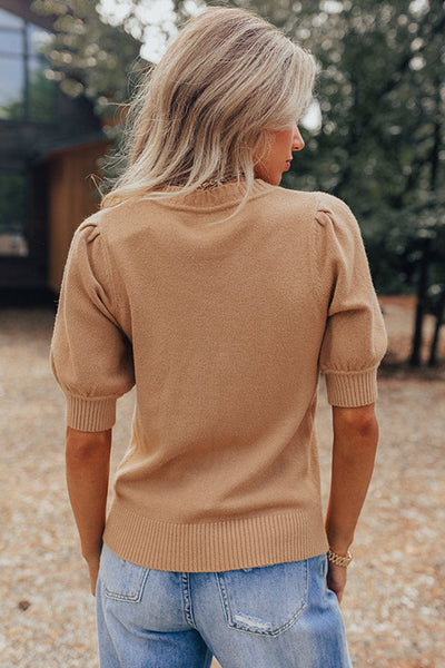 Women's Cozy Light Beige Knit Sweater with Short Puff Sleeves Chic Casual Top for Effortless Everyday Style