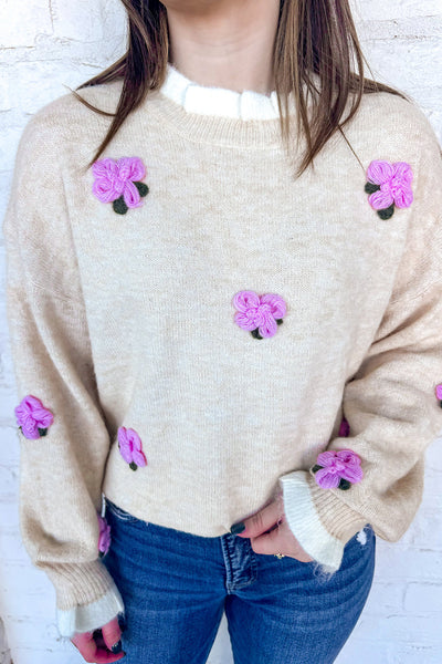 Beige Floral Contrast Trim Sweater for Women with Cuffed Sleeves Cute, Cozy Everyday Fashion Essential