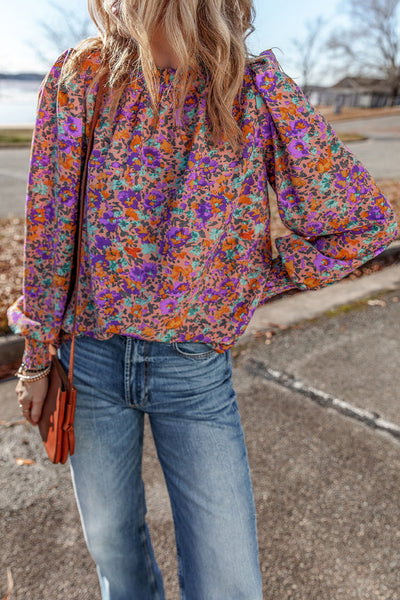 Elegant Women's Purple Floral Blouse with Frilled Neckline & Shirred Cuffs - Perfect for Casual or Formal Occasions