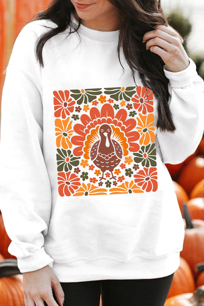 Women's Retro Turkey Floral Graphic Sweatshirt - Relaxed Fall Fit