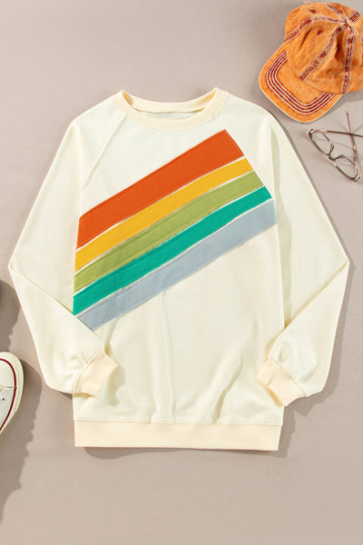 Women's Cozy Apricot Rainbow Colorblock Striped Pullover Sweatshirt - Casual Fit for Effortless Everyday Style