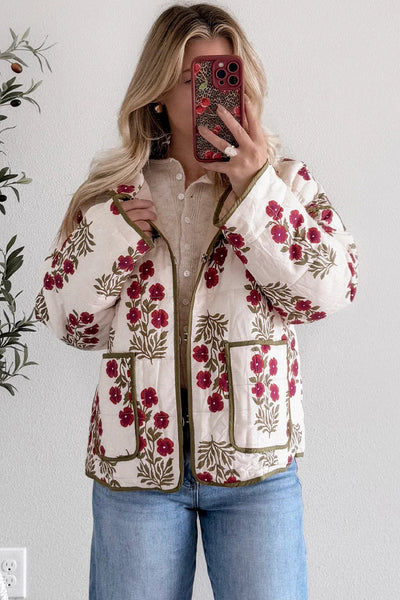 Cozy Women's Red Floral Quilted Winter Jacket with Contrast Trim - Stylish Outerwear for Cold Weather Adventures made for easy styling and wardrobe
