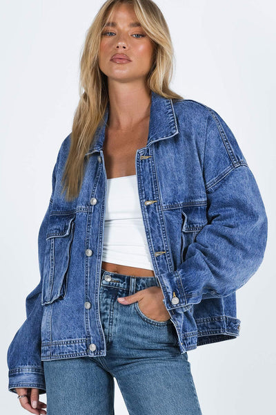 Women's Relaxed Fit Blue Denim Jacket with Chest Pockets and Drop Shoulder for Effortless Casual Style