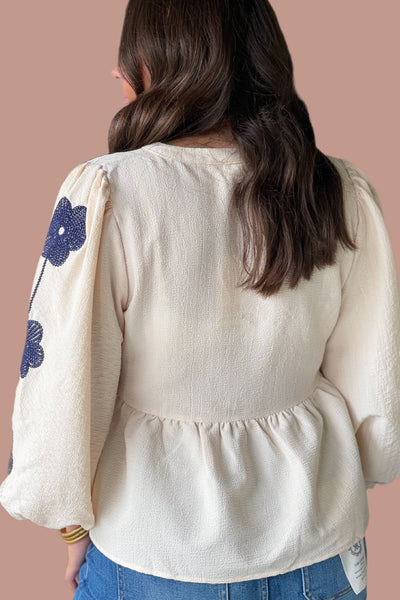 Plus Size Women's Apricot Floral Embroidered Babydoll Blouse with Puff Sleeves and Bow Tie Front Detail