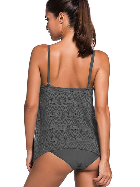 Women's Lace Layered Grey Tankini with Adjustable Straps
