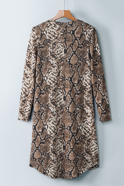 Women's Brown Snake Print Longline Slim Blazer with Lapel