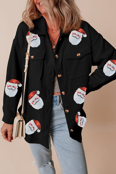Women's Black Sequin Santa Ribbed Corduroy Shacket