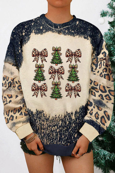 Cozy Oversized Women's Black Leopard Print Tie-Dye Sweatshirt with Bow Detail for Stylish Holiday Comfort