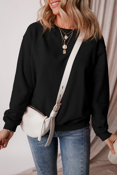 Women's Cozy Black Fleece-Lined Drop Shoulder Sweatshirt - Relaxed Fit Terry Fabric for Ultimate Comfort and Style
