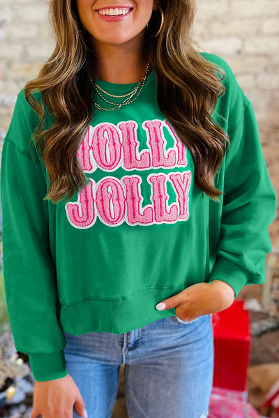 Women's Sea Green "Holly Jolly" Holiday Sweatshirt - Embroidered Towel Design, Cozy Comfort Fit for Festive Style