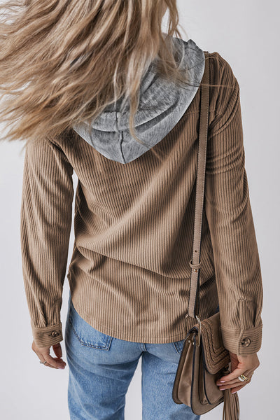 Chic Women's Pale Khaki Corduroy Shacket with Hood, Drawstring, and Pockets - Perfect for Casual Layering