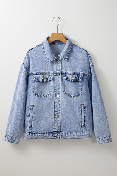 Beau Blue Vintage Washed Denim Jacket for Women Chic Flap Pocket Outerwear, Perfect for Any Occasion