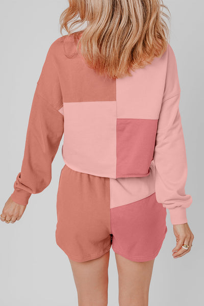 Women's Peach Colorblock Long Sleeve Shorts Set - Trendy Casual Summer Outfit for Comfort and Adventure