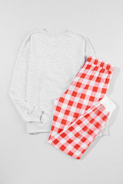 Cozy Multicolor Christmas Lounge Set for Women with Plaid Pants - Festive Claus Graphic for Holiday Comfort