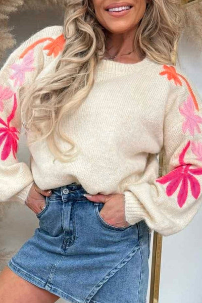 Cozy Women's Beige Floral Embroidered Sweater - Loose Fit Round Neck Knit for Effortless Fall Style and Comfort