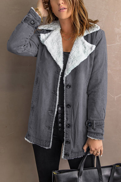 Cozy Women's Gray Fleece Jacket with Lapel Collar and Button Closure Stylish Outerwear for All Seasons